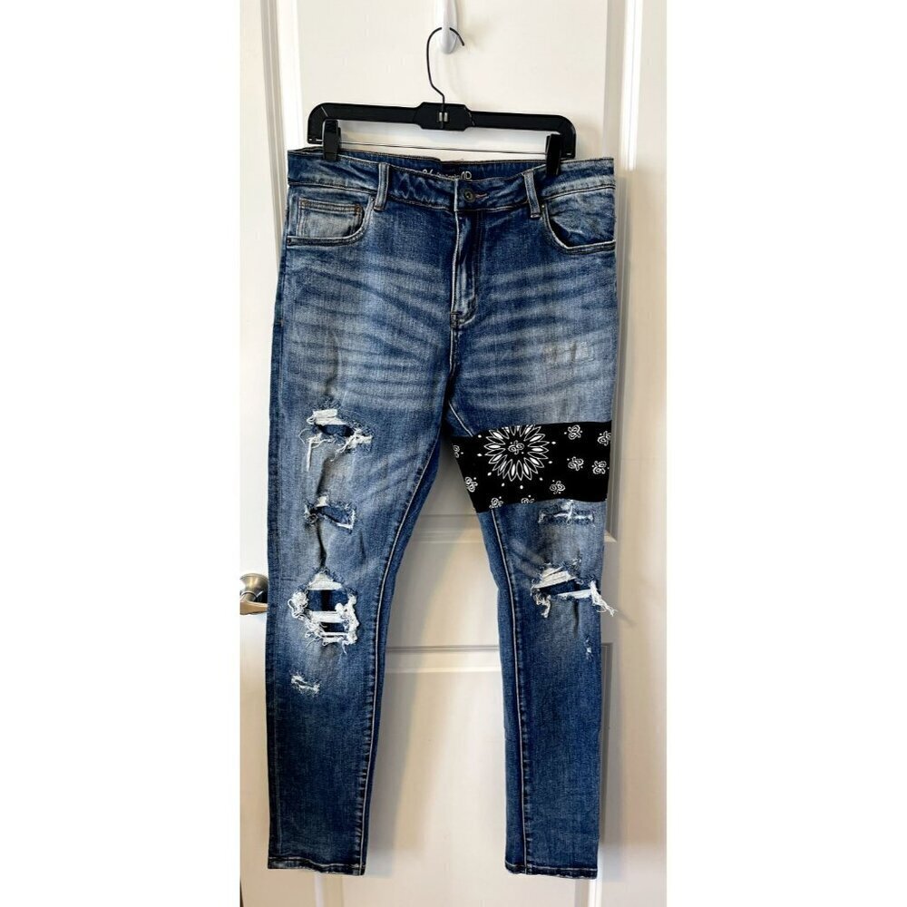 CRYSP DENIM 36 Mens Distressed New York City artistic Moto Skinny Jeans 36x32